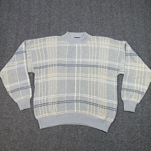 Ottimo Sweater Mens Large Gray Blue Beige Plaid Crewneck Knit Pullover Italy